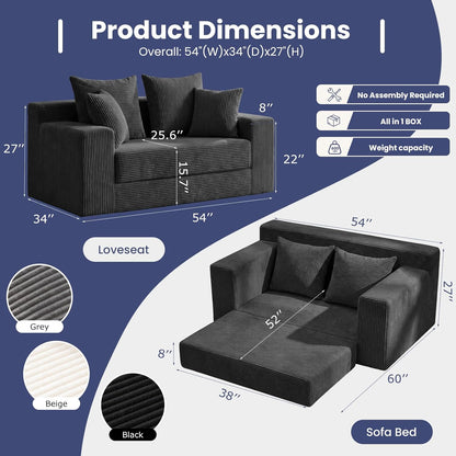 3-In-1 Convertible Sofa Bed: Boneless Loveseat Sleeper & Folding Couch Bed with 4 Pillows & Detachable Cushion for Bedroom, Small Space, Guest and Living Room, Corduroy Futon, No Assembly,Black