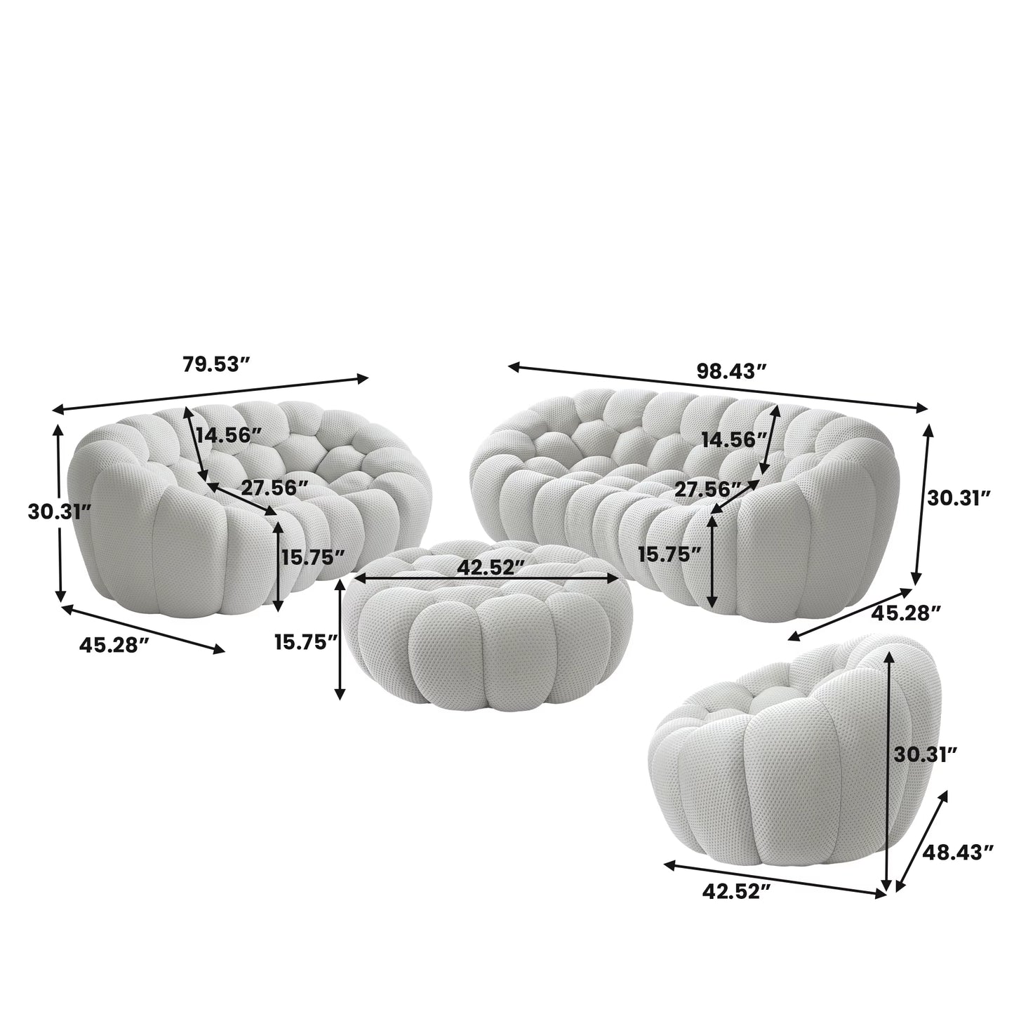 VOXHOME Vacuum Compressed Modern Living Room Apartment Light Grey Bubble Sofa 1 2 3 Seater Curved Football Sofas Couch Set