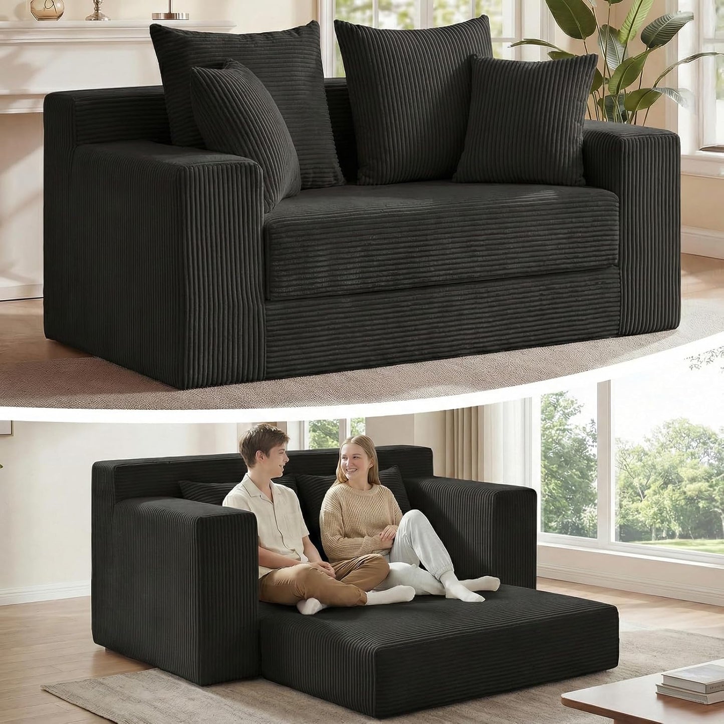 3-In-1 Convertible Sofa Bed: Boneless Loveseat Sleeper & Folding Couch Bed with 4 Pillows & Detachable Cushion for Bedroom, Small Space, Guest and Living Room, Corduroy Futon, No Assembly,Black