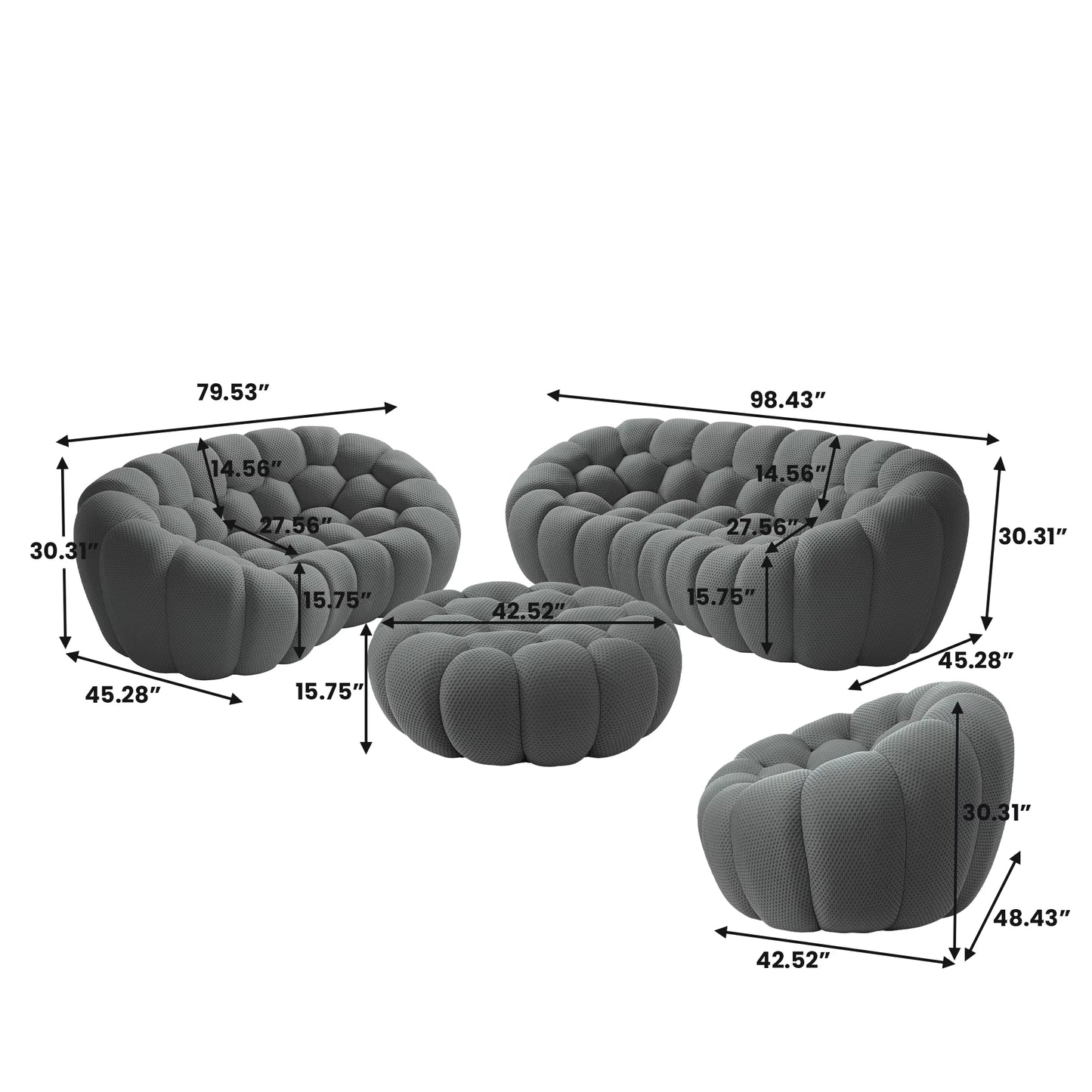 VOXHOME Vacuum Compressed Modern Living Room Apartment Light Grey Bubble Sofa 1 2 3 Seater Curved Football Sofas Couch Set
