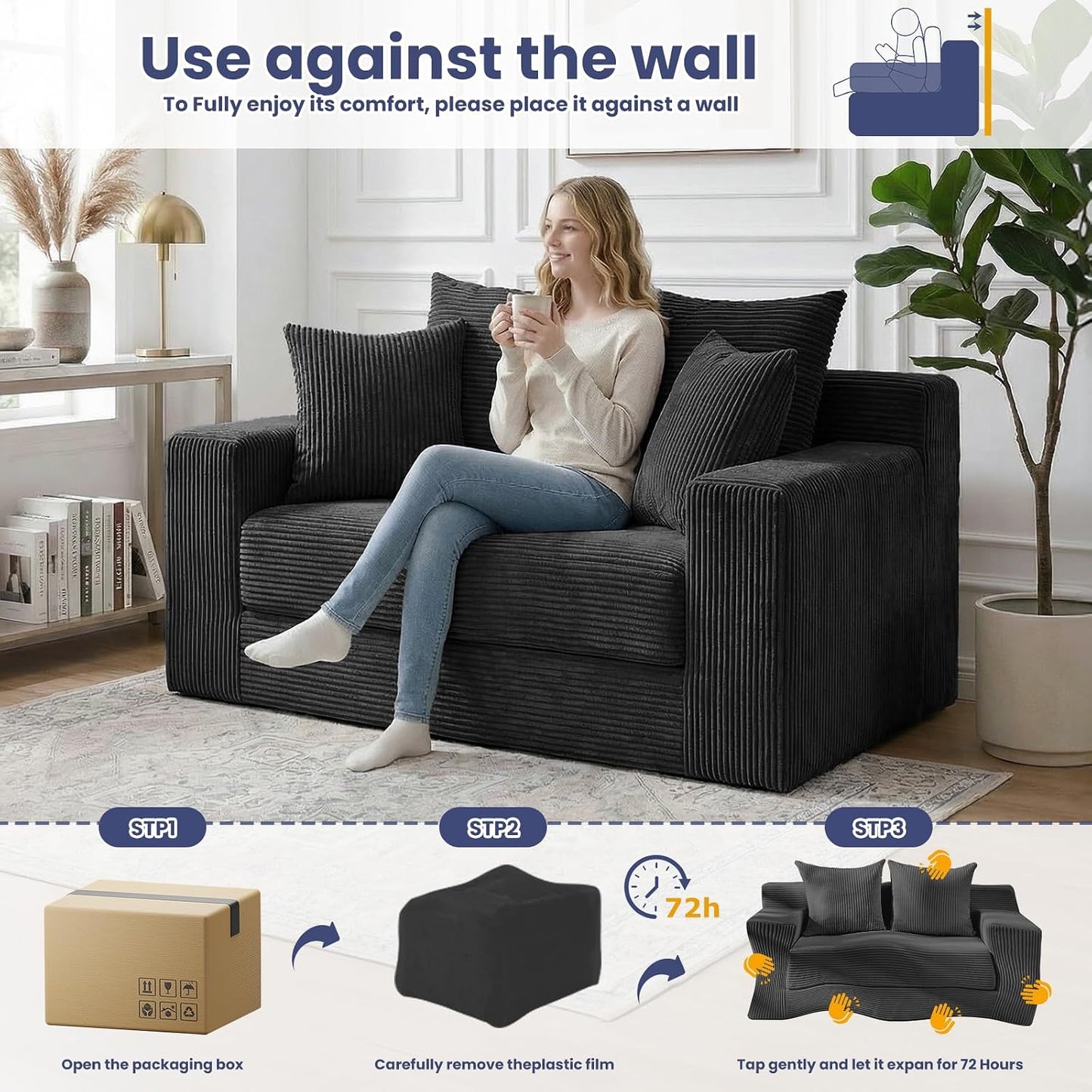 3-In-1 Convertible Sofa Bed: Boneless Loveseat Sleeper & Folding Couch Bed with 4 Pillows & Detachable Cushion for Bedroom, Small Space, Guest and Living Room, Corduroy Futon, No Assembly,Black