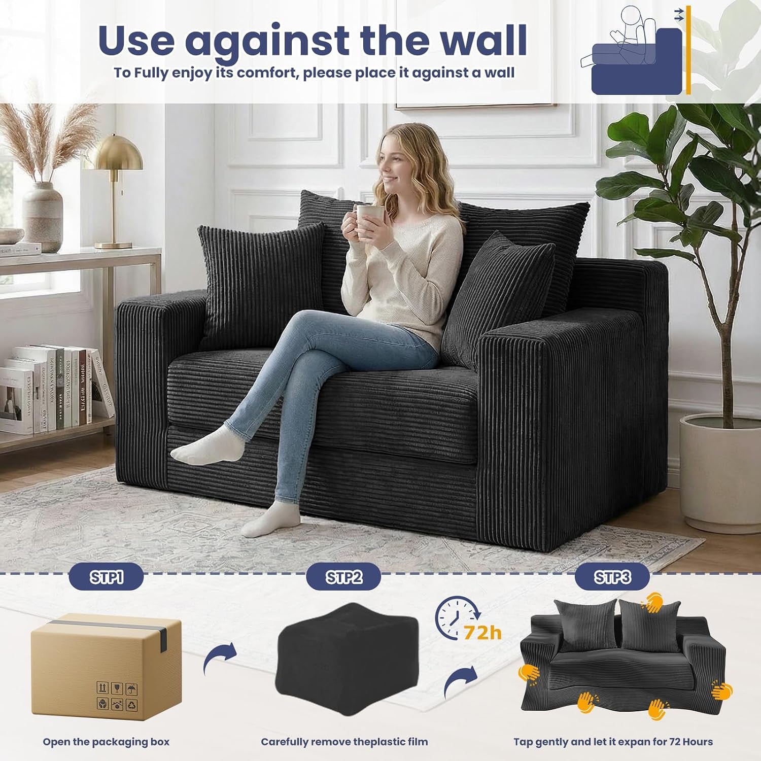 3-In-1 Convertible Sofa Bed: Boneless Loveseat Sleeper & Folding Couch Bed with 4 Pillows & Detachable Cushion for Bedroom, Small Space, Guest and Living Room, Corduroy Futon, No Assembly,Black