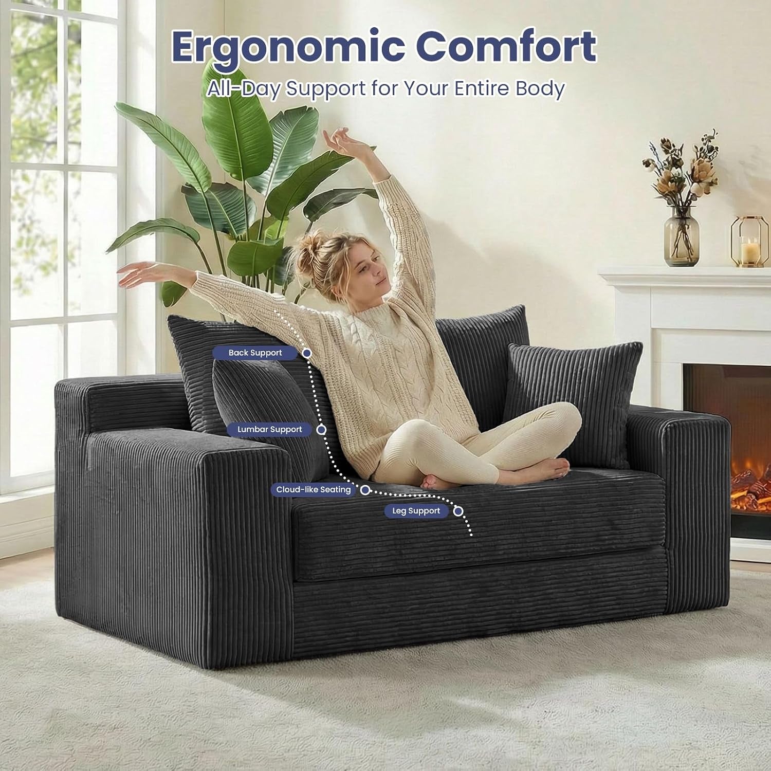 3-In-1 Convertible Sofa Bed: Boneless Loveseat Sleeper & Folding Couch Bed with 4 Pillows & Detachable Cushion for Bedroom, Small Space, Guest and Living Room, Corduroy Futon, No Assembly,Black