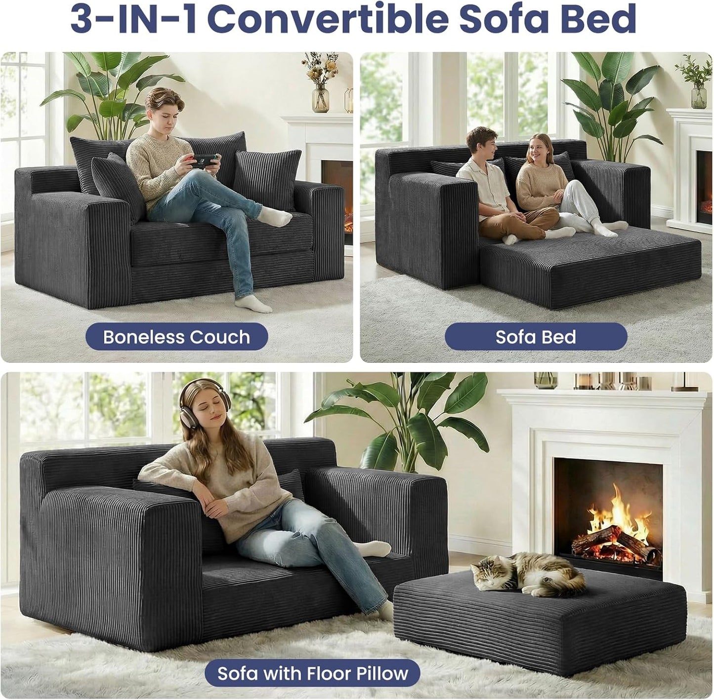 3-In-1 Convertible Sofa Bed: Boneless Loveseat Sleeper & Folding Couch Bed with 4 Pillows & Detachable Cushion for Bedroom, Small Space, Guest and Living Room, Corduroy Futon, No Assembly,Black