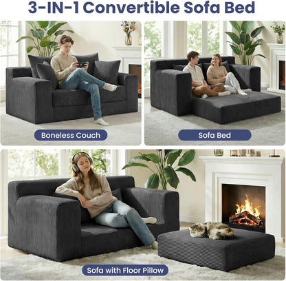 3-In-1 Convertible Sofa Bed: Boneless Loveseat Sleeper & Folding Couch Bed with 4 Pillows & Detachable Cushion for Bedroom, Small Space, Guest and Living Room, Corduroy Futon, No Assembly,Black