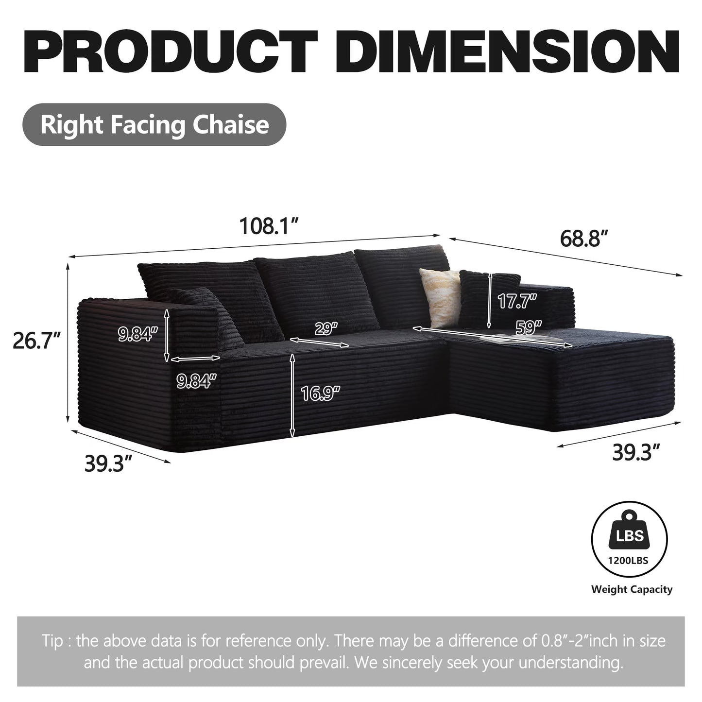 108" Modular Sectional Sofa, Cloud Boneless Couch with Deep Seats and Chaise, Modern Upholstered L-Shape Couch for Living Room or Bedroom, No Assembly Required