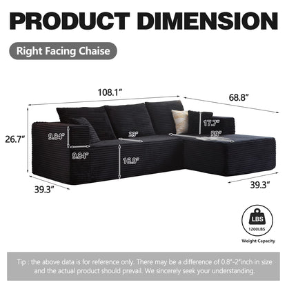 108" Modular Sectional Sofa, Cloud Boneless Couch with Deep Seats and Chaise, Modern Upholstered L-Shape Couch for Living Room or Bedroom, No Assembly Required
