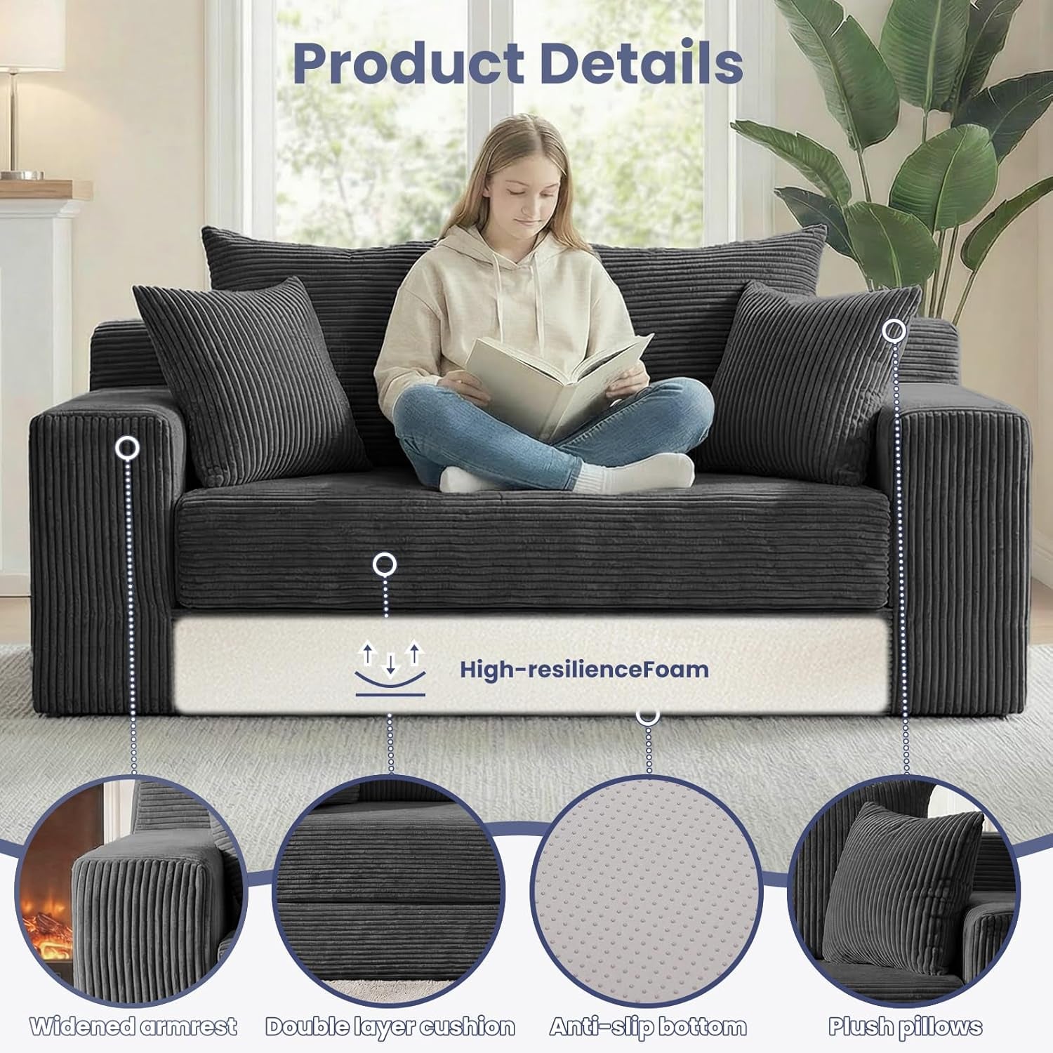 3-In-1 Convertible Sofa Bed: Boneless Loveseat Sleeper & Folding Couch Bed with 4 Pillows & Detachable Cushion for Bedroom, Small Space, Guest and Living Room, Corduroy Futon, No Assembly,Black